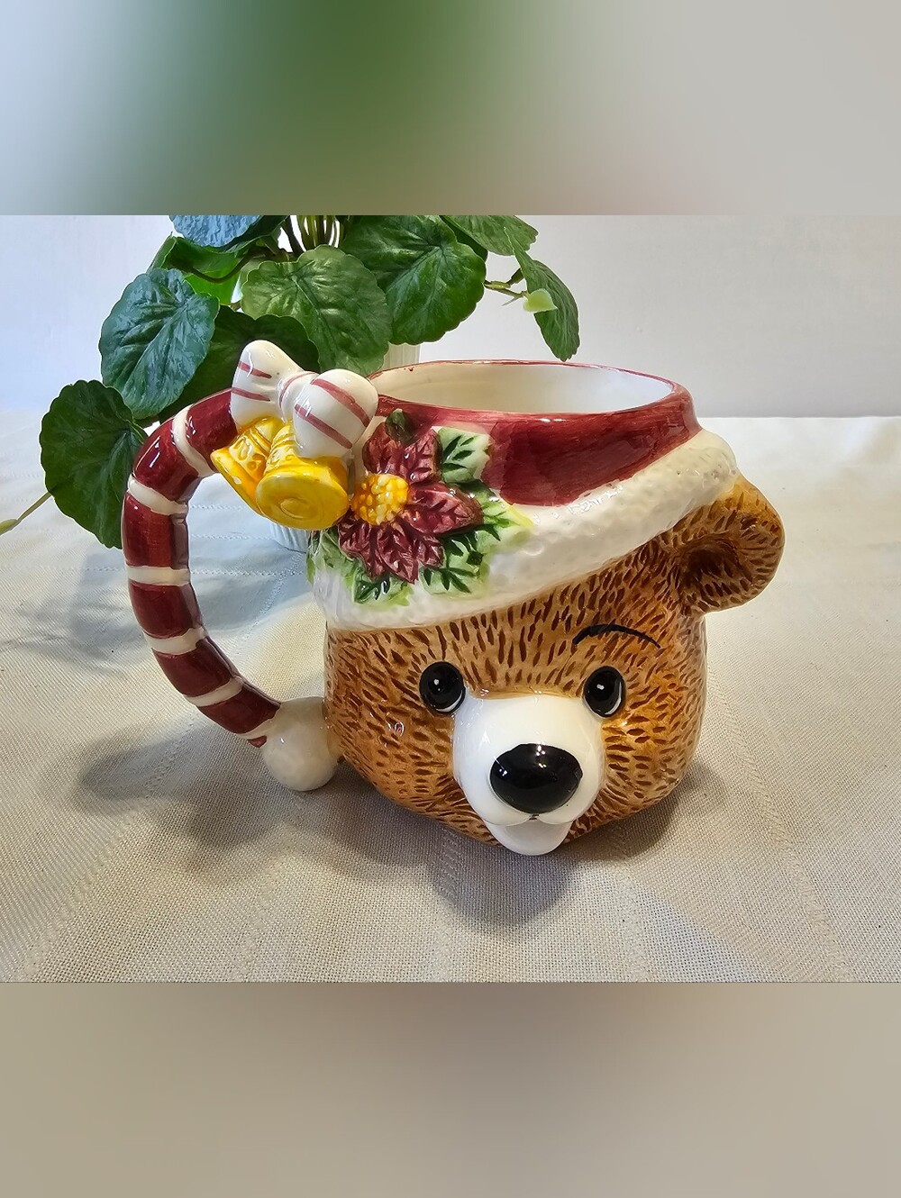 Vintage 1996 Christmas Teddy Bear Ceramic Mug Candy Cane Handle